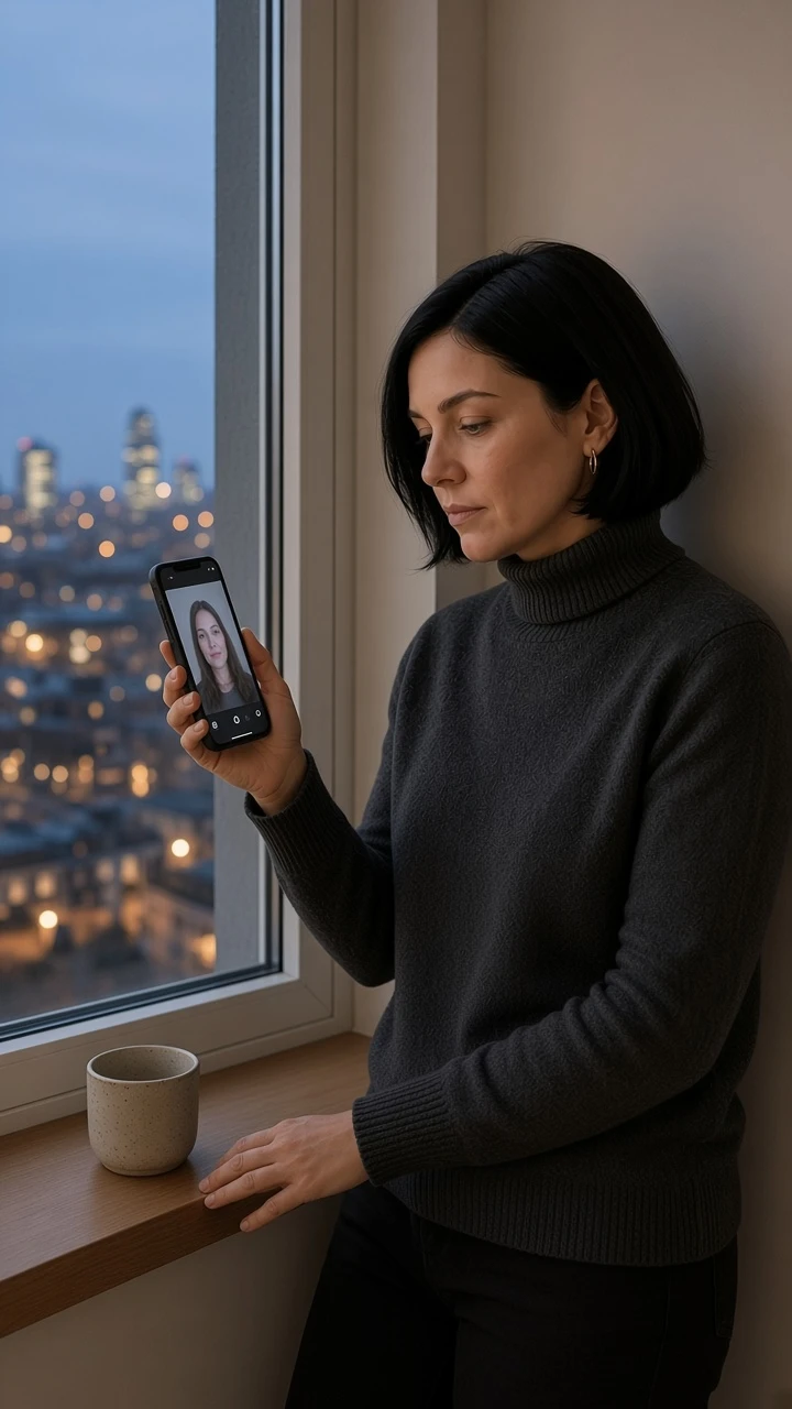 Frau mit kurzem schwarzem Bob sitzt abends am Fenster und führt ein Videogespräch auf dem Smartphone